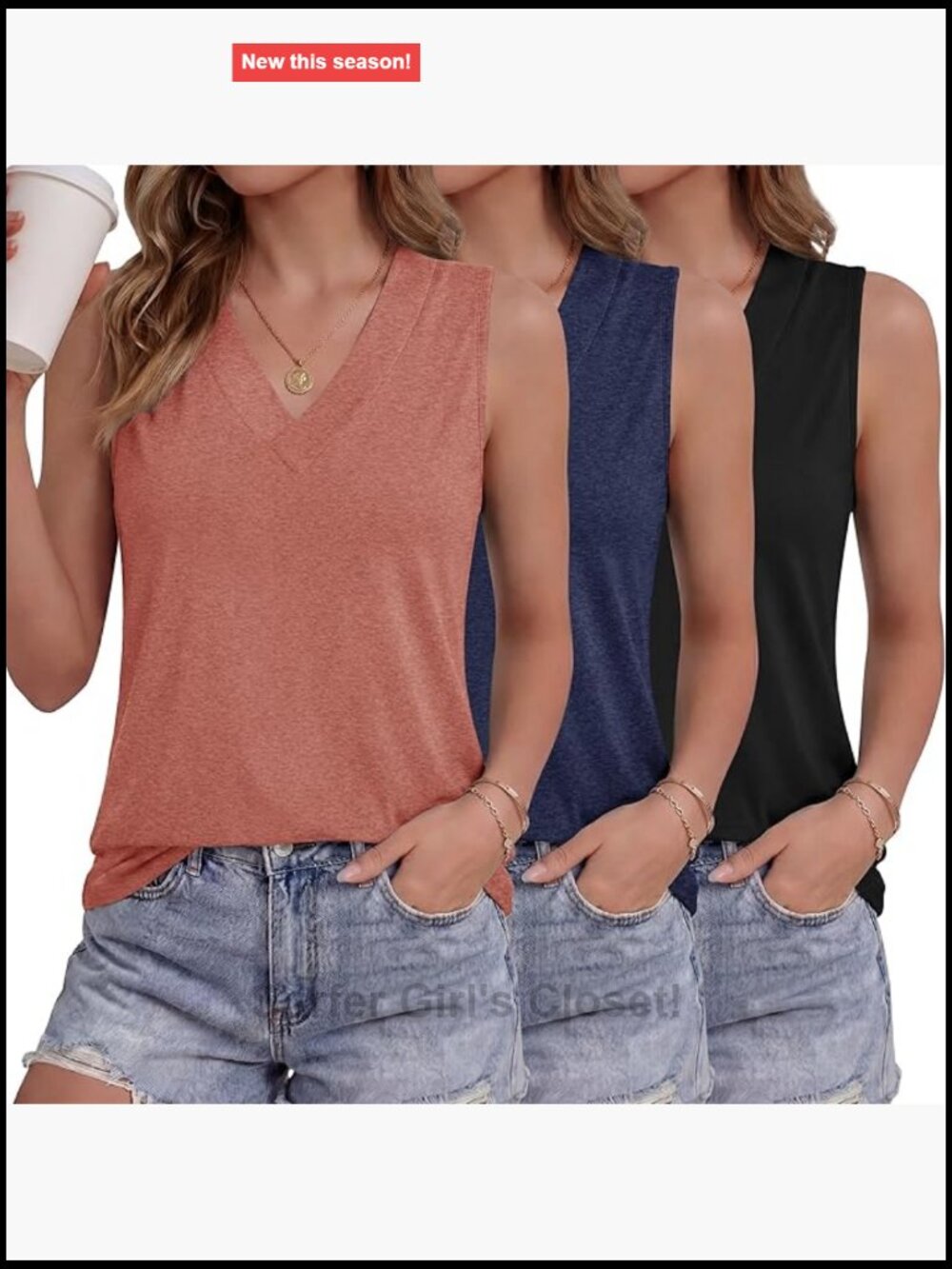3 Pack Women's Loose Fit V-Neck Sleeveless Tank Tops Polyester Blend